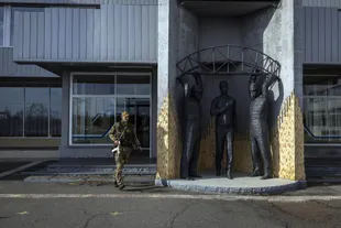 A Ukrainian soldier outside the main station of the Chernobyl nuclear power plant