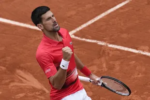 Novak Djokovic of Serbia celebrates after a play against Argentina's Diego Schwartzman in their fourth-round match at the French Open, at the Roland Garros stadium in Paris, France, Sunday, May 29, 2022. (AP Photo/Christophe Ena)