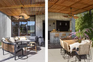 Natural fiber cushions (Rancho Deco), ceiling fans (From Asia), black baskets and wool blankets (Rito Deco).