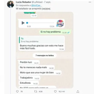 Lucía Robador's message where she shows the chat she had with her scammer
