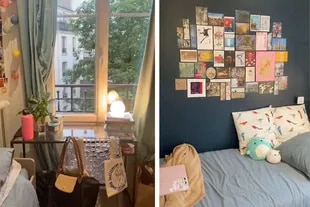 The young woman decorated the walls with collages from postcards of her favorite museums and visited places