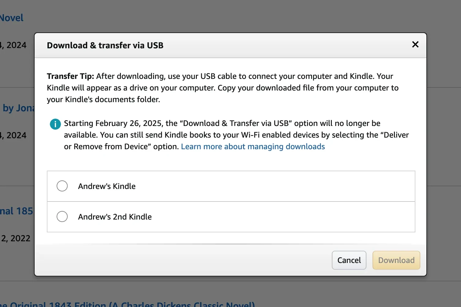 Kindle, Download and Transfer via USB