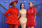 Actresses Joy Sunday, Jenna Ortega and Emma Myers at the Wandinha's second season premiere in London